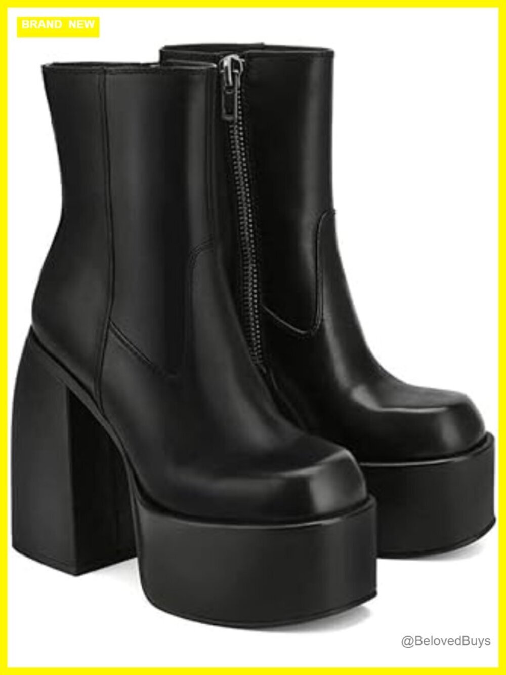 Chunky High Heel Square Toe Side Zipper Platform Go-Go Boots PU Leather
